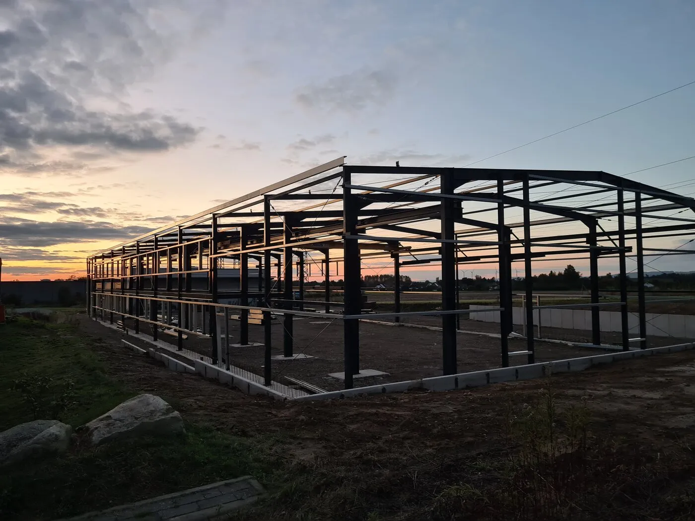 Steel frame of the hall in evening light