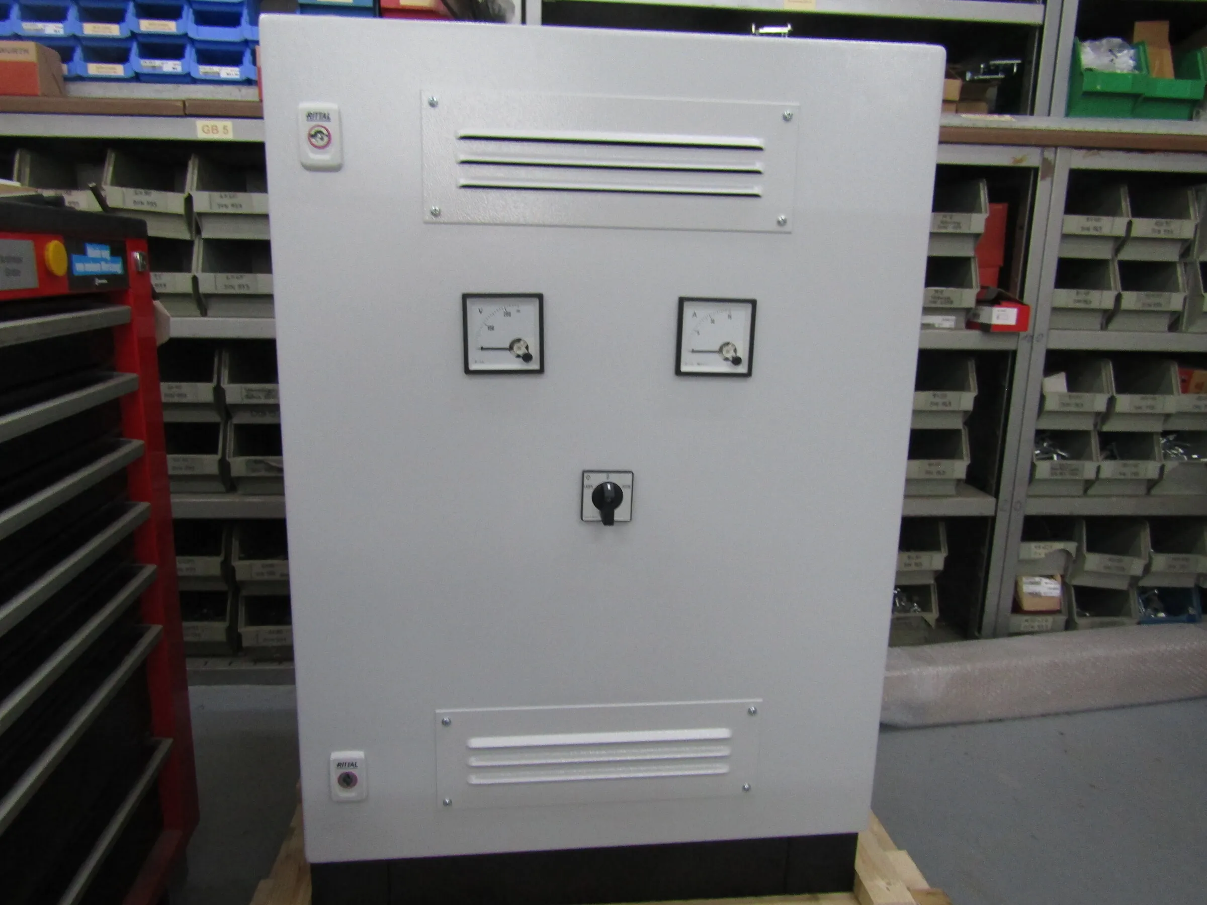 Finished DC power supply with meters and selector switch on the door